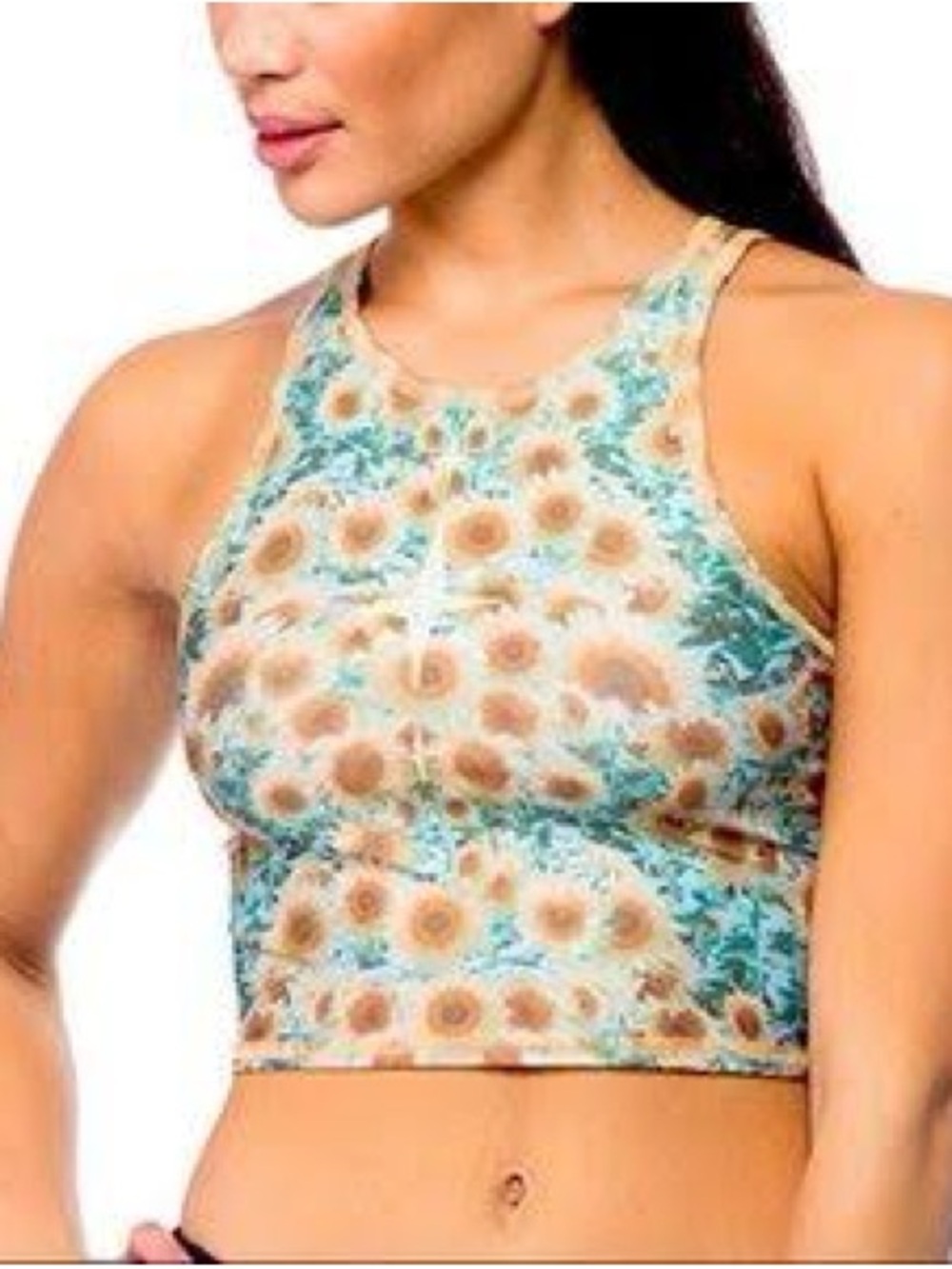 Teeki Sunflower High-Neck Crop Bralette in Teal and Tan XS/SM